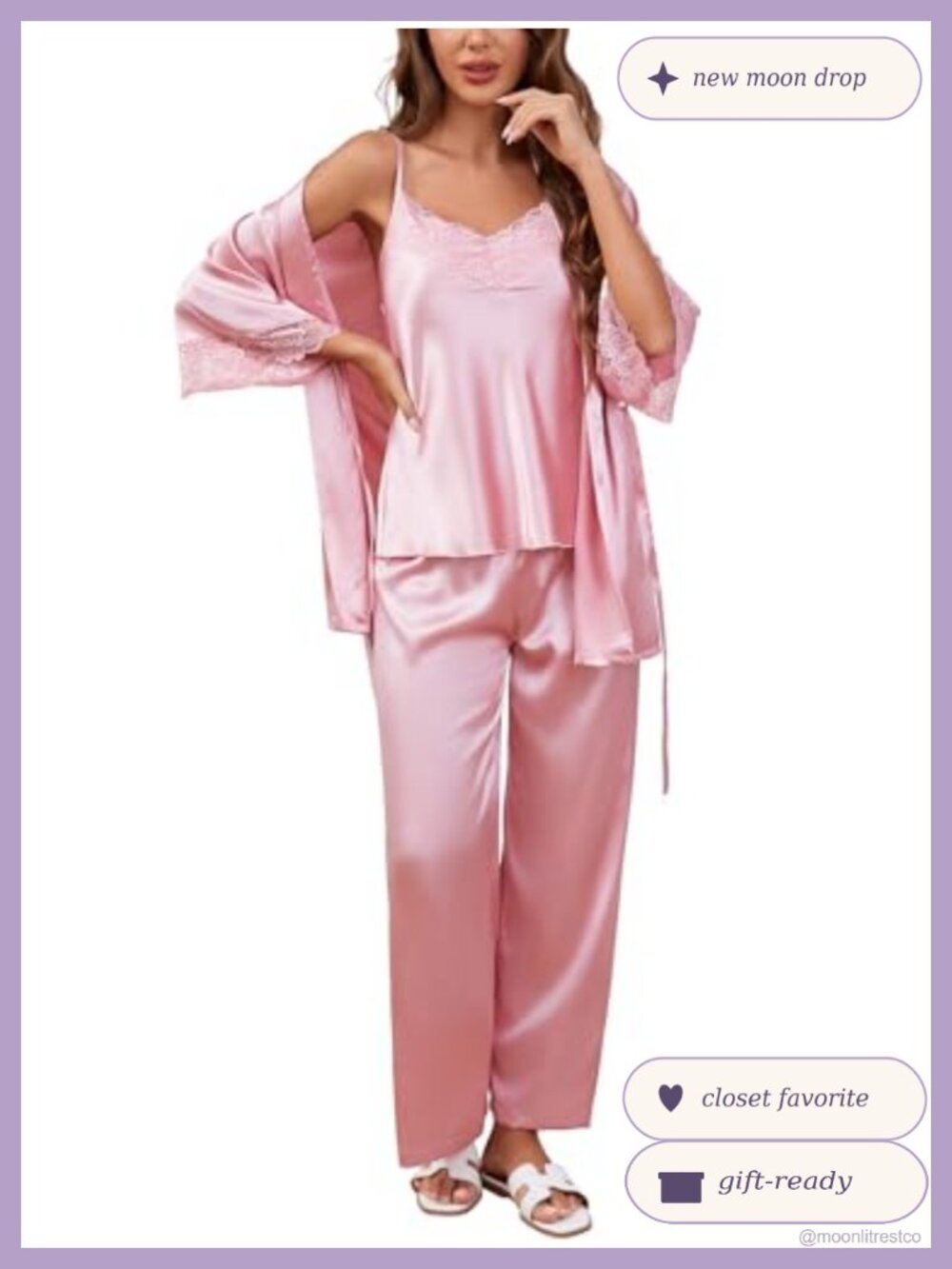 Women's Silk Pajama Set 3 Piece Satin Robe Cami Top Long Pants Sleepwear